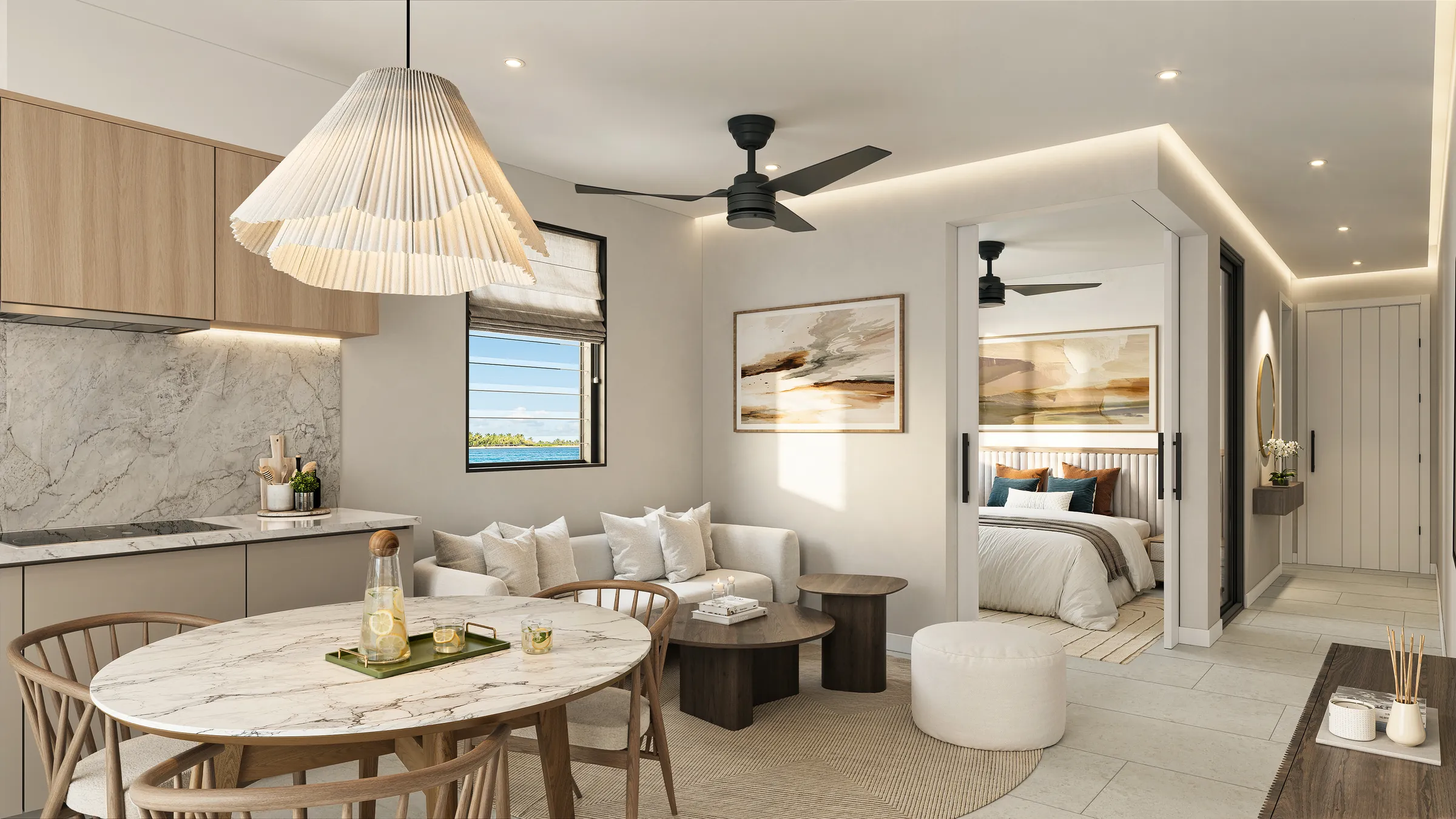 Open plan kitchen, dining and living space of a ground floor residence, with the bedroom beyond