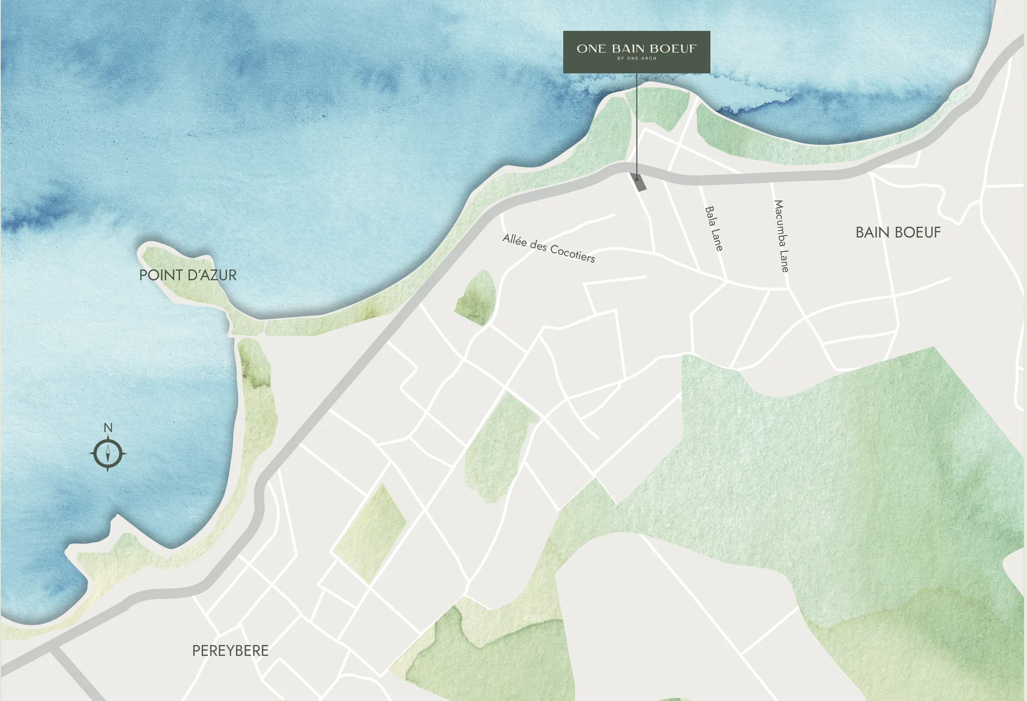 Illustrated map of Bain Boeuf and Péreybère showing the location of One Bain Boeuf and the beaches, restaurants and amenities nearby