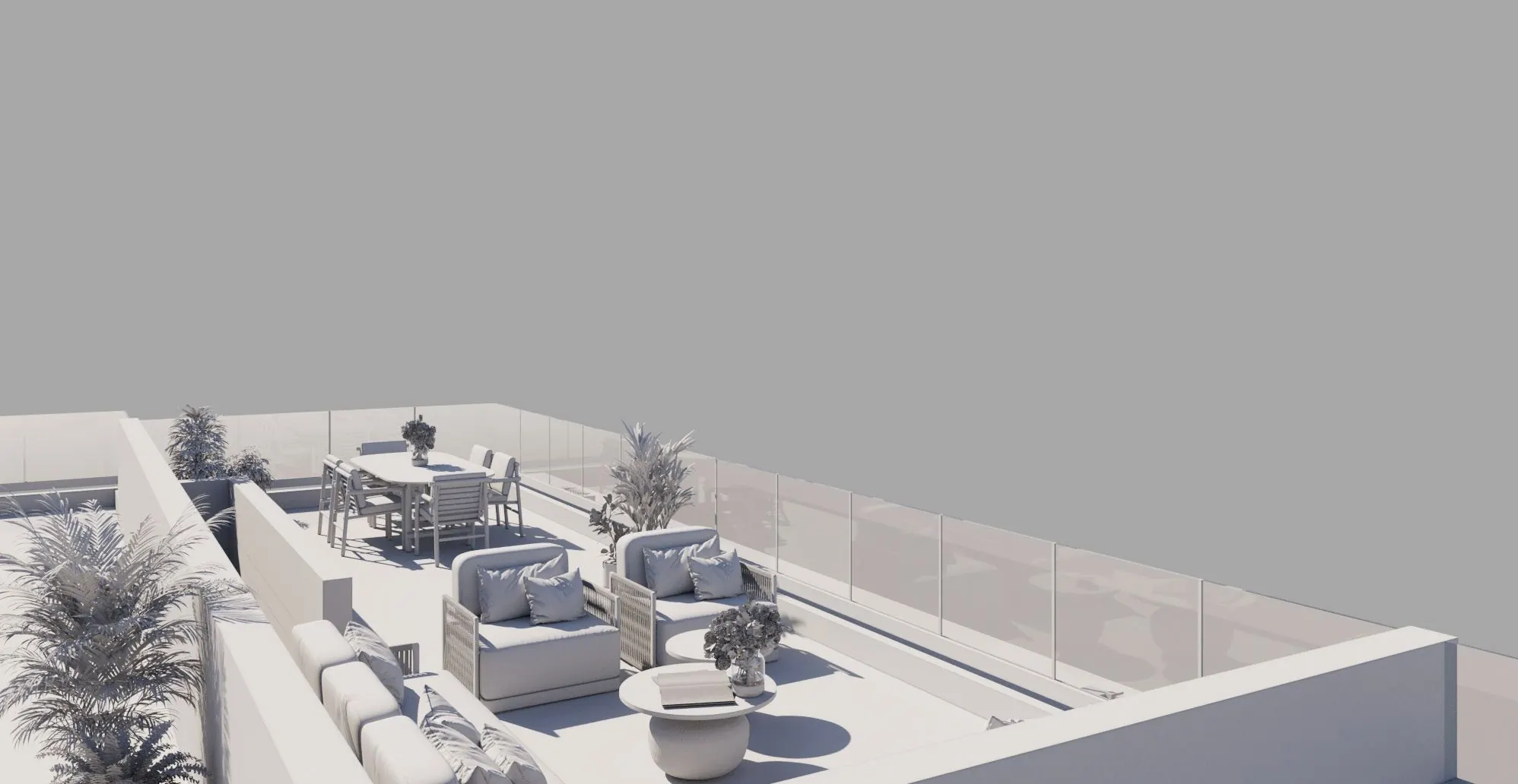 Private rooftop terrace with lounge seating, dining table and planting